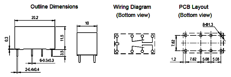 Dimensions of DPDT DC signal relay